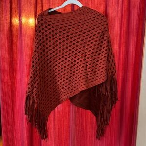 Women’s boho poncho/shawl sweater with fringe - orange